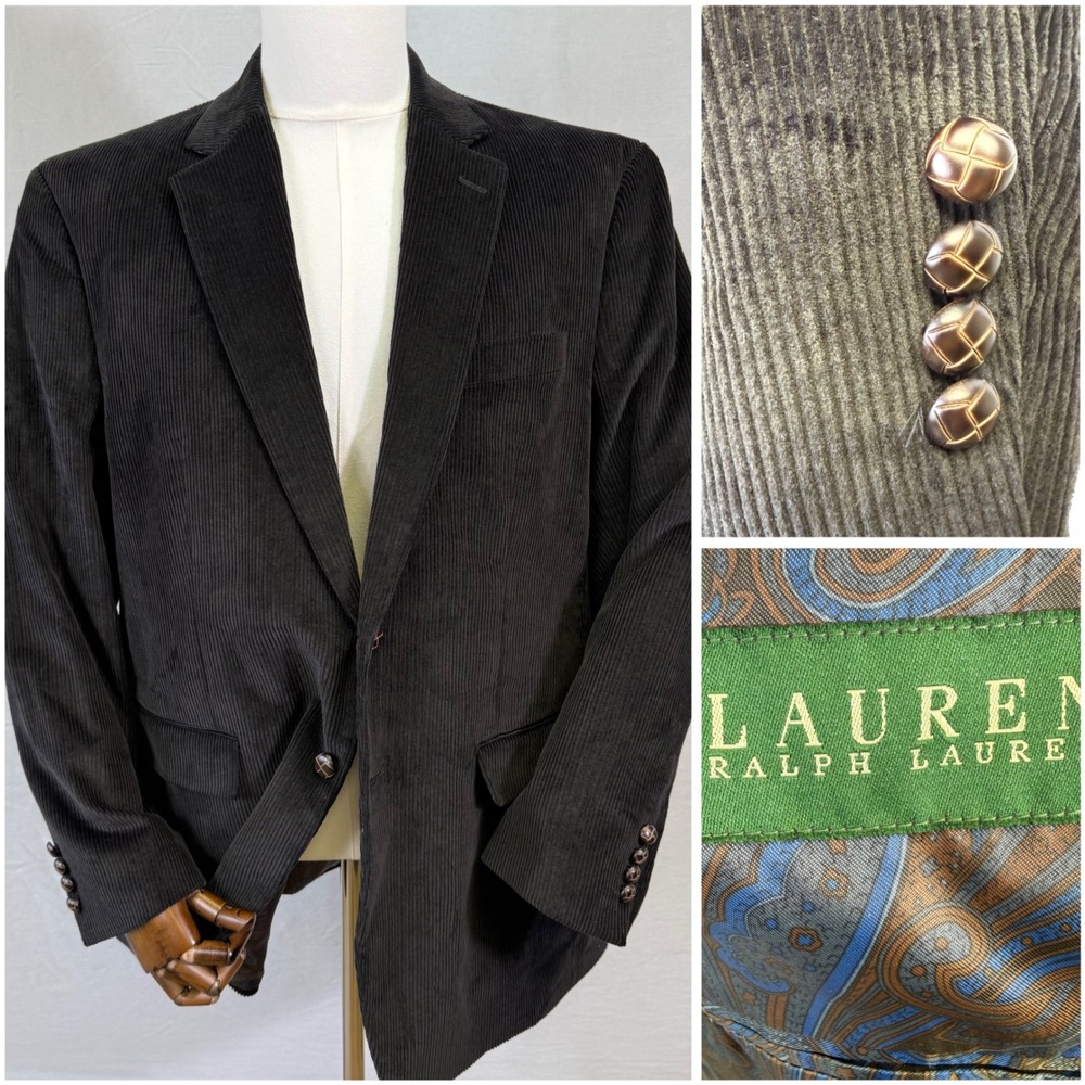 Lauren Ralph Lauren Sport Coat Mens 44R Black Corduroy Blazer Paisley Lining